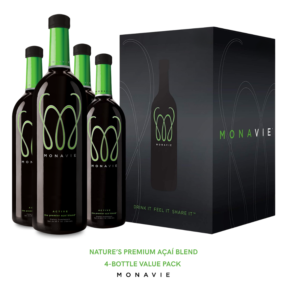 MonaVie Active 4-bottle value pack featuring a premium antioxidant-rich açaí blend for daily wellness and vitality