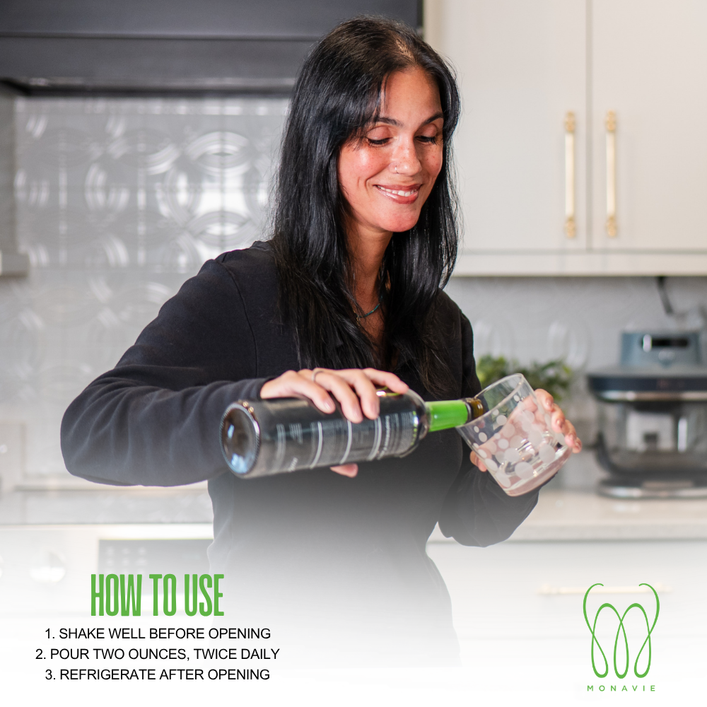 Instructions for MonaVie Active: Shake well, pour two ounces twice daily, and refrigerate after opening.