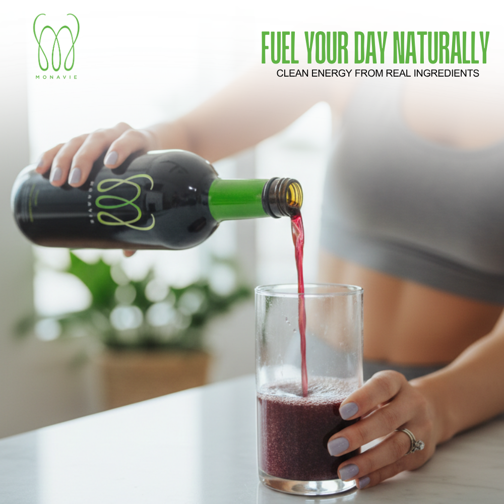 Woman pouring MonaVie Active antioxidant juice into a glass, highlighting clean energy from real fruit ingredients.