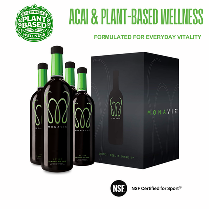 MonaVie Active premium plant-based wellness liquid with Brazilian açaí and 18 antioxidant-rich fruits, NSF Certified for Sport