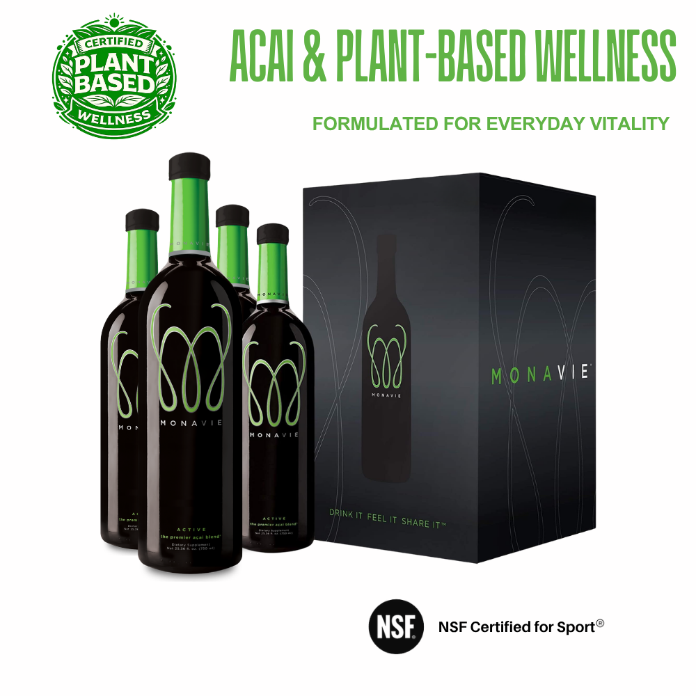 MonaVie Active premium plant-based wellness liquid with Brazilian açaí and 18 antioxidant-rich fruits, NSF Certified for Sport