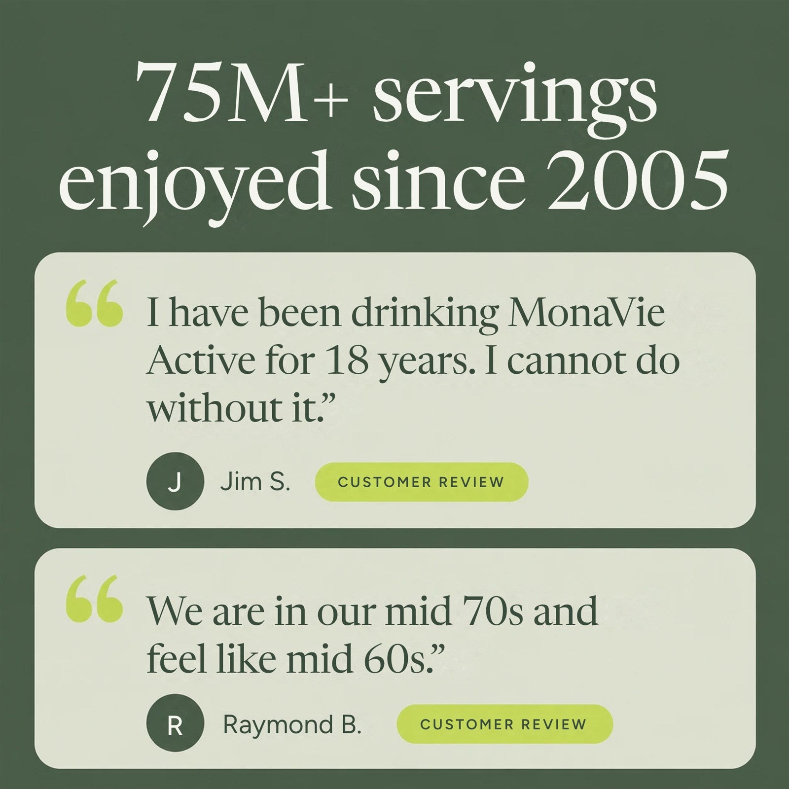 75M+ servings enjoyed since 2005, customer reviews