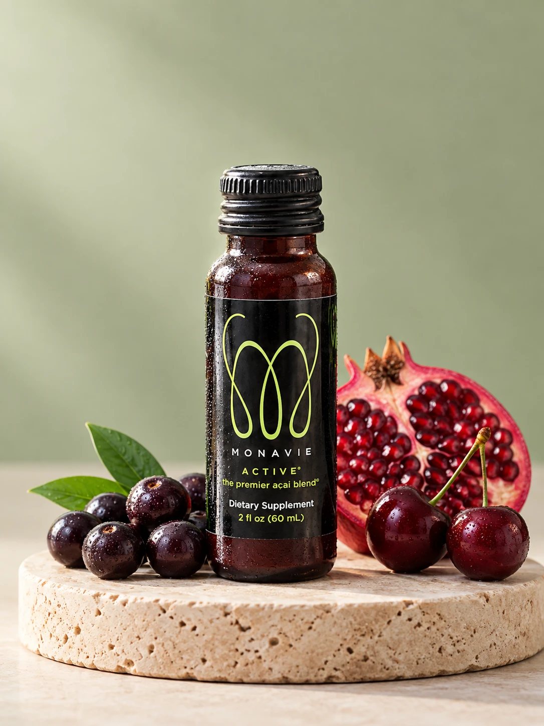 A MonaVie Active 2 oz shot on a stone block with açaí berries, cherries and a halved pomegranate