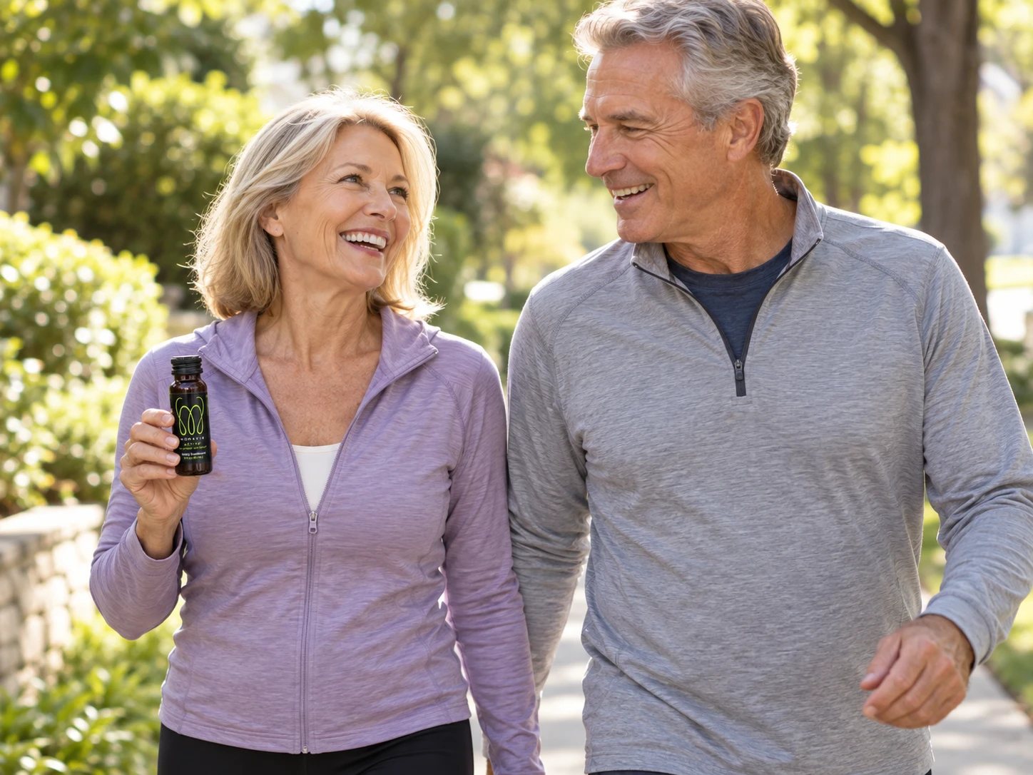 Smiling couple out for a morning walk, she is holding a MonaVie Active shot