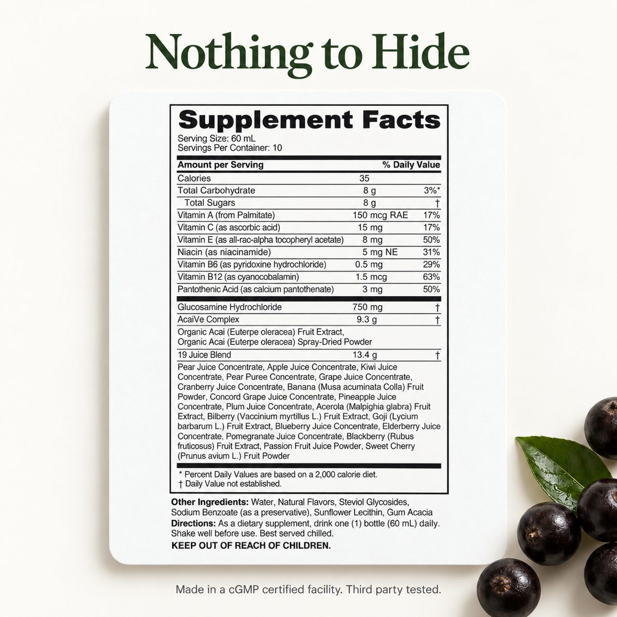 MonaVie Active Supplement Facts panel
