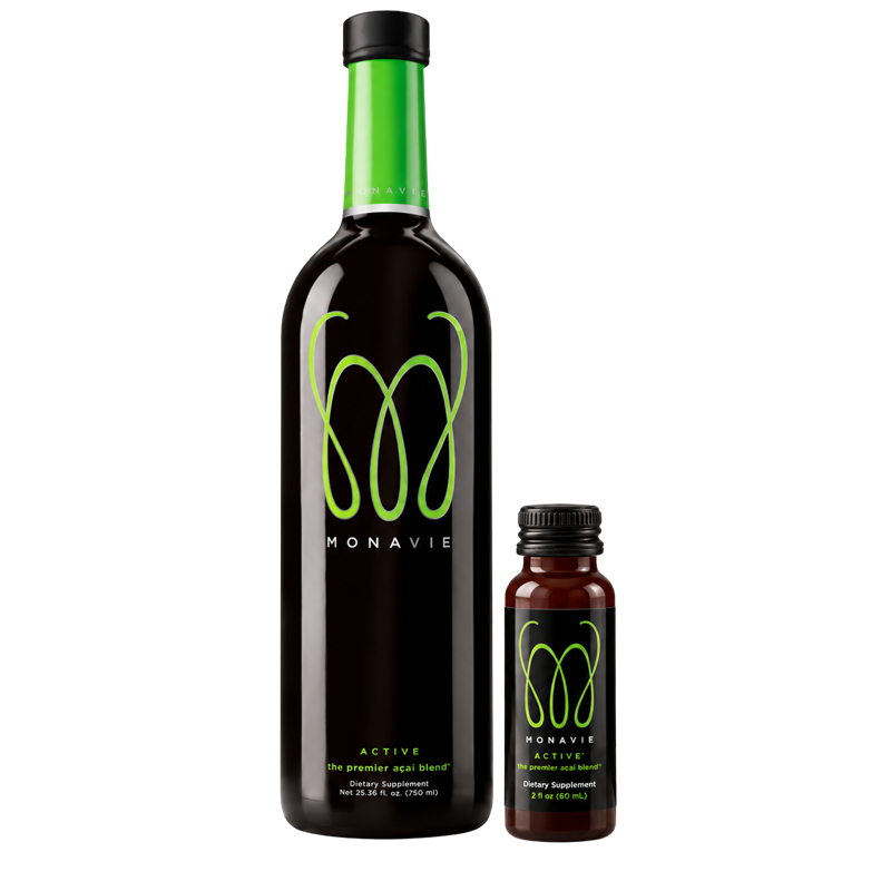 MonaVie Active 25 oz bottle beside a 2 oz single serve shot