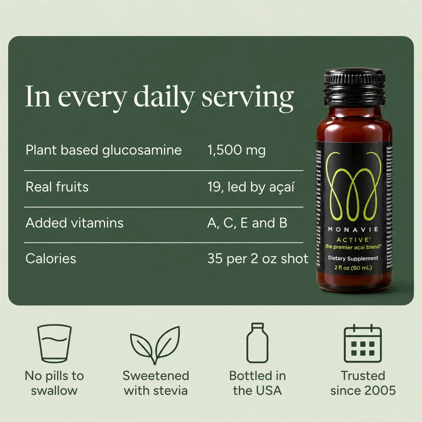 In every daily serving, 1,500 mg plant based glucosamine and 19 fruits led by açaí