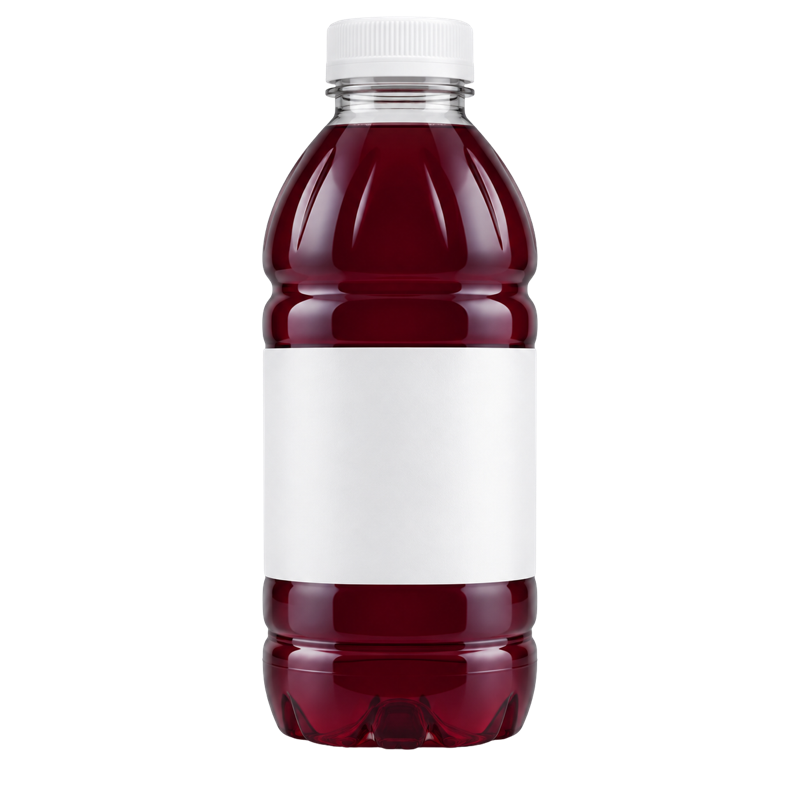 Clear plastic bottle of dark red store bought juice